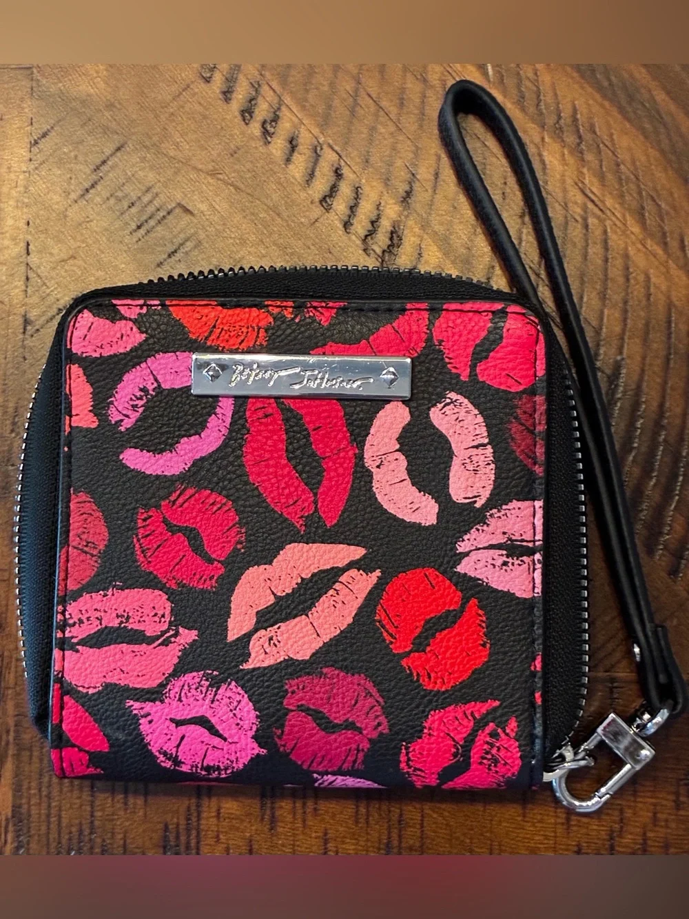 Betsey Johnson Black Wallet with Pink & Red Lip Print